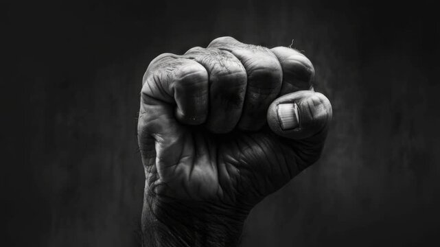 The displays a fist clenched in a defiant or determined gesture against a dark background.
