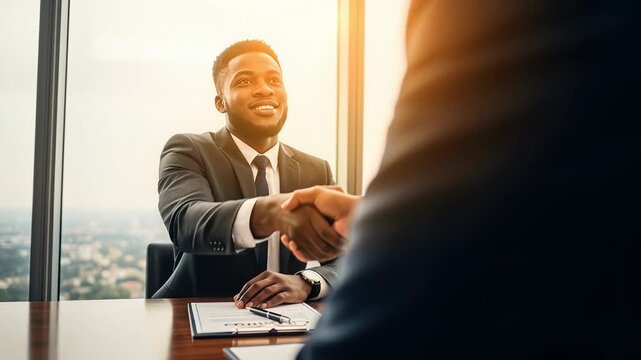 A confident handshake interview busines corporate office, professional male adult black suit and tie during meeting for career success, partnership agreement, negotiation, hiring, sunlight window sc