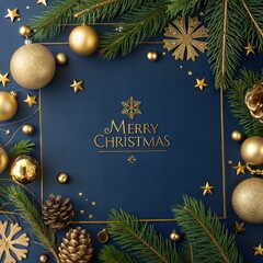 Christmas card. Frame borders made of gold balls, decorations, fir branches on dark blue background. Luxury style.