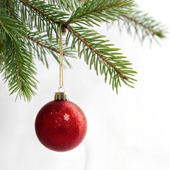 Single Red Christmas glass ball hanging from a pine branch, isolated on white with copy space.