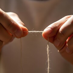 Holding a natural fiber cord, delicate crafting detail close up view