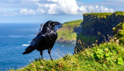 Black bird perches on grassy cliff edge with blue sea, sky, and distant green cliffs as backdrop