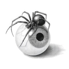 The image depicts a highly detailed, grayscale illustration of a spider perched on top of a human eyeball
