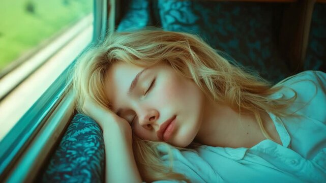 Blonde bombshell naps on train; dreamy daydreamer.