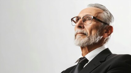 An elderly man in a suit wearing glasses with a thoughtful expression.