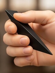 Human hand grasping a modern matte black obelisk-shaped stylus object