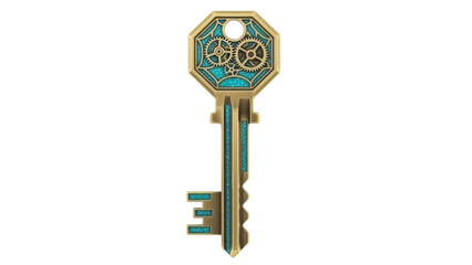 Steampunk key PNG isolated on transparent background, antique golden key with gears and turquoise accents for fantasy and design projects