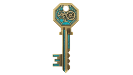 Steampunk key PNG isolated on transparent background, antique golden key with gears and turquoise accents for fantasy and design projects