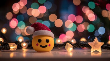 A cute yellow emoji with a Santa hat sits in front of a bokeh of colorful lights. Lights are in the foreground too