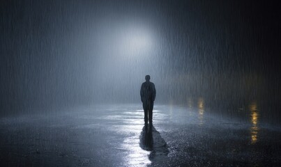Fototapeta premium Lone Figure Standing in Misty Street Under Bright Light.