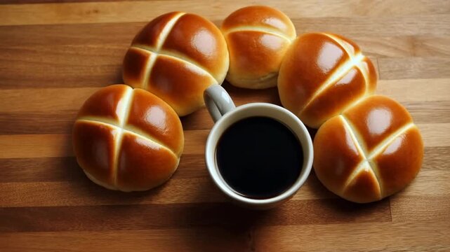 Woman's hand placing coffee mug among fresh bread buns