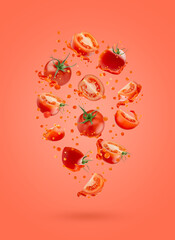 Fresh tomato juice with cut pulpy red tomato slices in dynamic splashes soar as flow on red background. Great for summer detox menu, vitamin product promotion, antioxidant beverage, juice label.