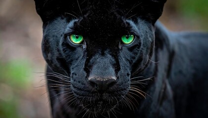 Striking close-up of a sleek, black panther with piercing green eyes against a blurred natural backdrop
