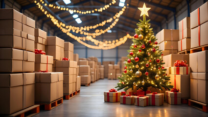 Festive Christmas logistics warehouse with decorated tree and parcels