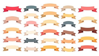 Assorted pastel-shaded, layered ribbon banners, arranged in rows against a white background, creating a diverse collection