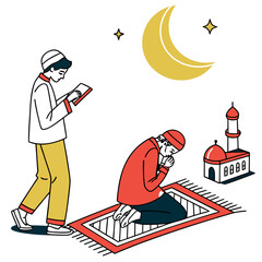 Muslim couple praying before iftar meal during ramadan design