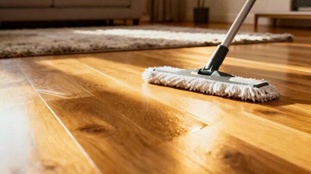 Medium shot of a microfiber mop gently polishing a hardwood living room floor highlighting the smooth glide over natural wood grains with soft ambient lighting.
