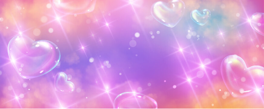 Heart shaped bubbles with sparkle effects on pink and purple gradient background. Magical holographic hearts with glitter and rainbow light, romantic design. Dreamy heart bubbles with shimmering glow