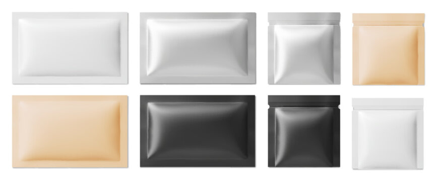 Sealed sachet mockups set isolated on white background. Vector realistic illustration of black, yellow, silver plastic zip packages for cosmetic or food product, individual pack layout for branding