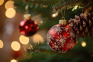 christmas tree decorations on red