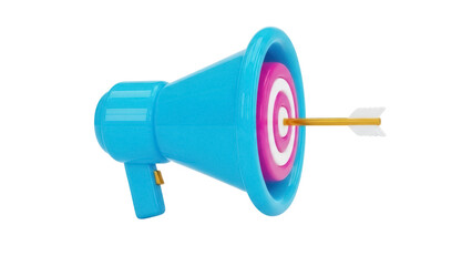 Blue megaphone with target and arrow PNG isolated, marketing concept for advertising and promotion on transparent background