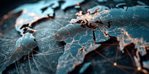 This image showcases a detailed close up of a world map, highlighting intricate digital network connections across continents.