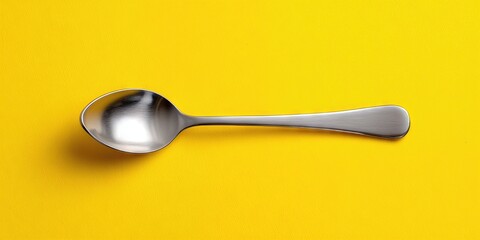 Spoon on Yellow Background: A close-up shot of a pristine silver spoon, delicately resting against the vibrant yellow surface, capturing the simple elegance of everyday objects.