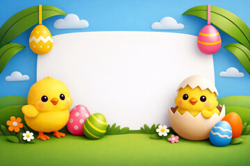 Playful Chicks with Colorful Eggs in Spring Garden