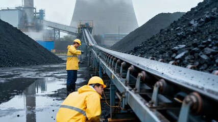 Engineers inspect coal piles and conveyor belts during a light rain focusing on operational reliability and routine maintenance at the power plant.