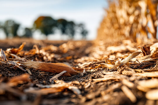 A detailed view of chopped corn stover scattered on dry soil, showcasing the remnants of harvest in a rural landscape.