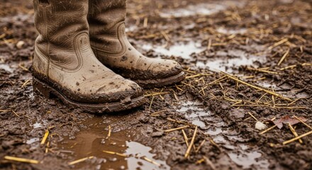 Muddy Boots Standing in a Puddle of Water and Dirt Outdoors.