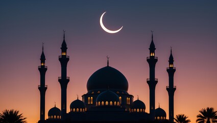 Ramadan Mubarak Evening Scene of a Glowing Mosque Silhouette at Golden Sunset with Crescent Moon Creating a Timeless Islamic Atmosphere of Faith and Light