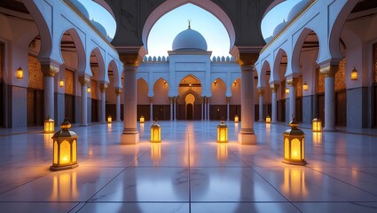Ramadan Mubarak Night Scene Featuring a Grand Mosque Courtyard Glowing with Golden Lanterns Creating a Timeless Islamic Ambience of Faith and Harmony Light