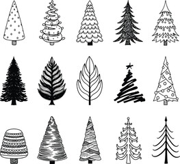 Fototapeta premium Collection of various black and white pine tree illustrations