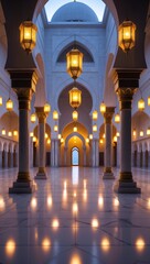 Grand Mosque Courtyard Illuminated by Golden Lanterns Ramadan Mubarak Mobile Wallpaper Creating a Majestic Spiritual Islamic Night Atmosphere Scene View