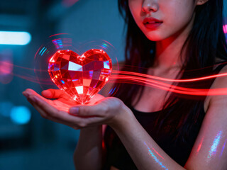 Girl hold glowing heart in hand. Cybernetic love