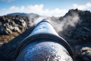 Detailed view of an insulated geothermal pipeline surrounded by rocky landscape, showcasing steam and natural elements.