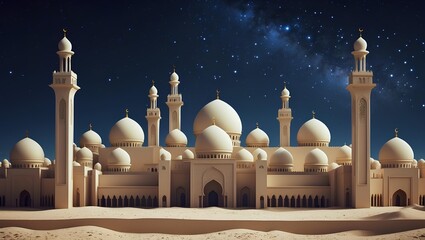 Desert City Skyline with Mosques and Starry Night Celebrating Ramadan Mubarak in a Mystical Islamic Evening Atmosphere Filled with Peace Faith and Light