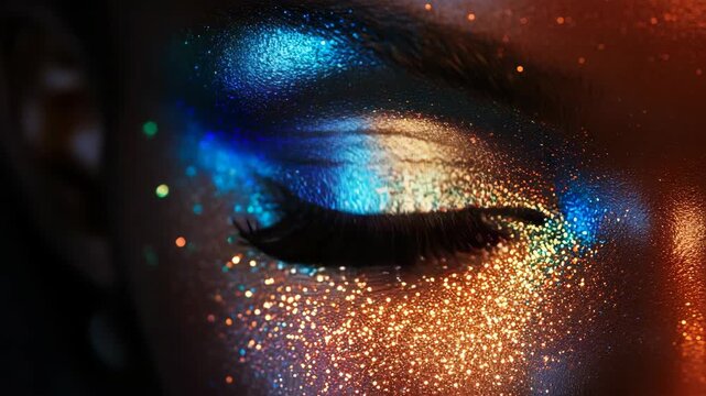 A Stunning CloseUp of Artistic Eye Makeup This piece captures a Fusion of Brilliant Colors and Sparkling Glitter, showcasing beauty and creativity in an aweinspiring way that leaves viewers spellbound