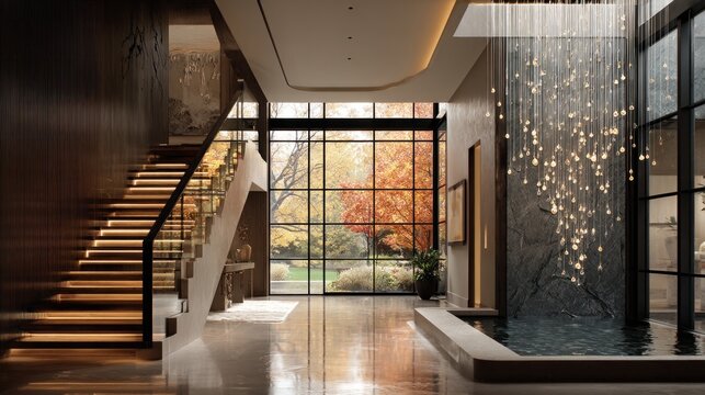 Interior design of modern luxury villa foyer featuring elegant staircase and artistic lighting, high-end residential architecture concept
