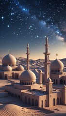 Desert City Skyline with Mosques and Starry Night Ramadan Mubarak Mobile Wallpaper Creating a Peaceful Islamic Evening Panorama with Spiritual Calm Mood