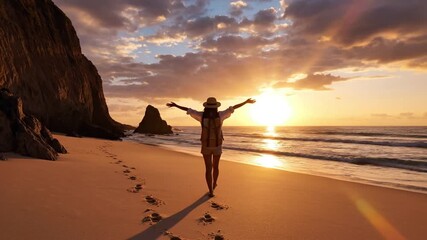 Woman walking on sandy beach at sunset enjoying freedom peaceful ocean and golden light