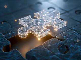 Glowing network puzzle piece fitting into place symbolizing connection, integration, and problem-solving in a futuristic digital technology concept background