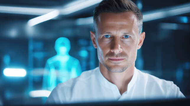 Futuristic scientist or tech expert working in advanced high-tech laboratory. - Powered by Adobe