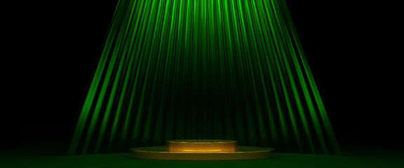 Round golden stage on luxury dark green background. Vector realistic illustration of shiny gold podium with stairs, abstract decoration with light effect, winner award ceremony, product presentation © klyaksun