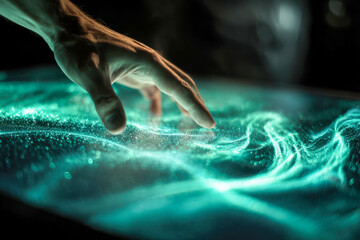 Hand interacting with glowing blue-green digital particles creating a futuristic and immersive high-tech visual experience in a dark environment