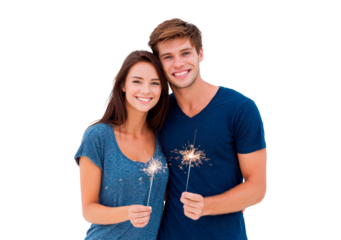 Smiling couple holding sparklers for celebration in casual attire on transparent background
