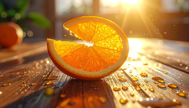 Bright orange slice sits on a wet, wooden surface, backlit by sunlight creating a warm, vibrant scene - Powered by Adobe