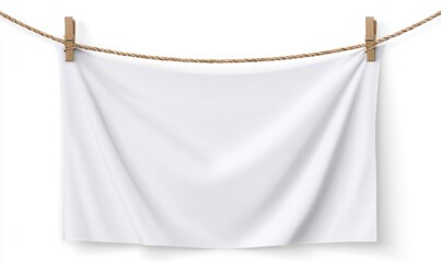 Clean white towel hanging on a clothesline, drying in the sun.