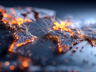 A stunning high resolution world map featuring a glowing network overlay, showcasing connections across continents with vibrant lights.